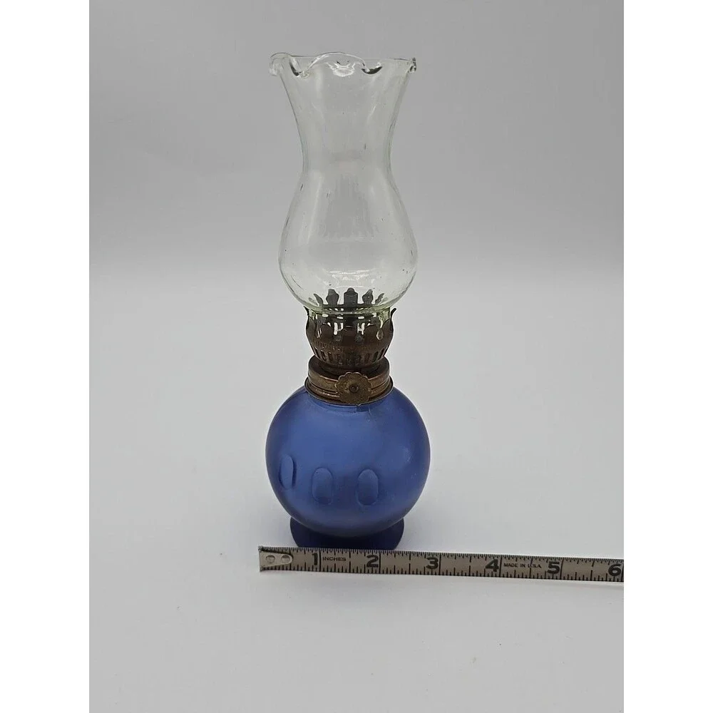 Vtg Miniature Oil Lamp Cobalt Blue Satin Glass Base Scalloped Clear Glass Top